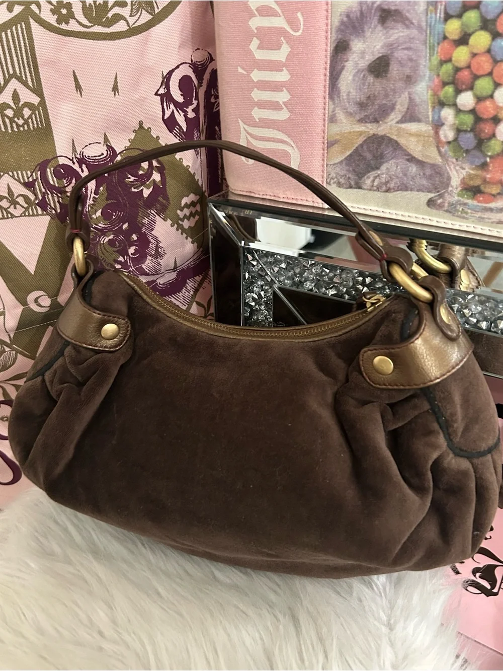 Y2K Vintage 2007 Juicy Couture Brown Velour Pink Logo Hobo Bag LIVE FOR COUTURE